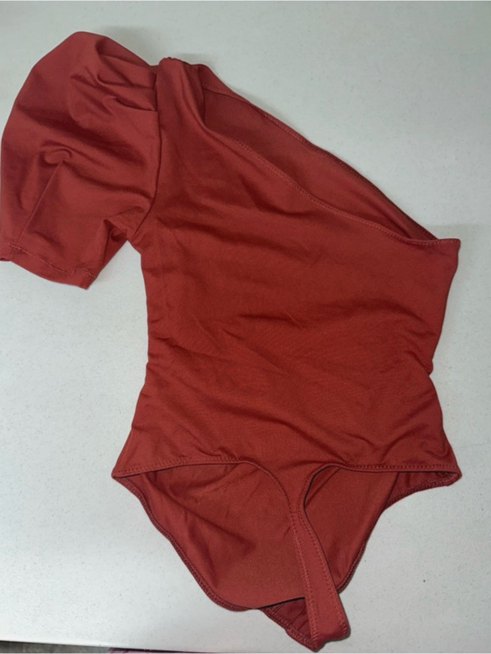 One-Shoulder Rust Bodysuit with Puff Sleeve